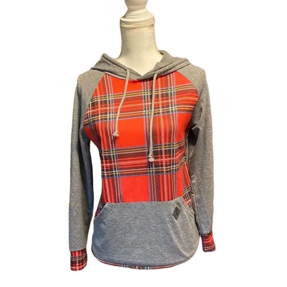 Simply Southern Collection Plaid Hoodie Small Gray Red Buffalo Check Pullover